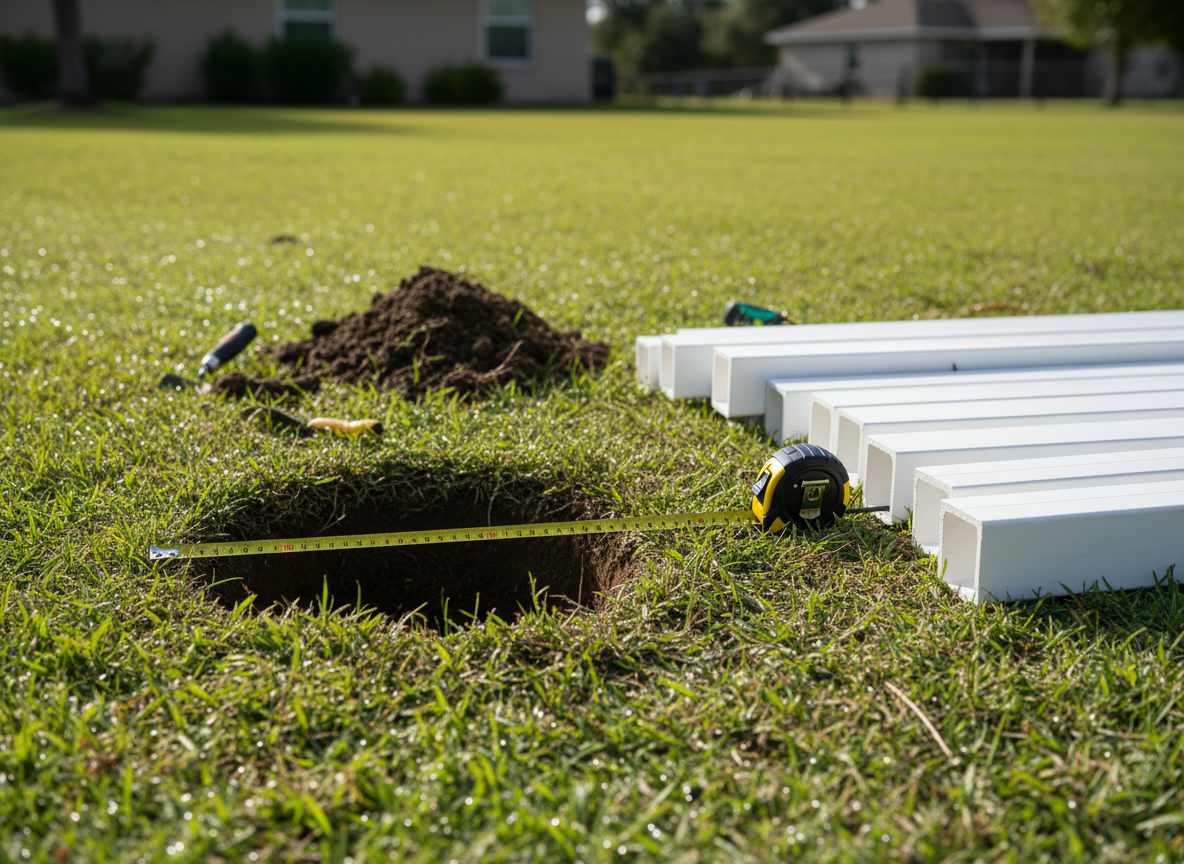 Fresh post hole and vinyl fence posts ready for installation