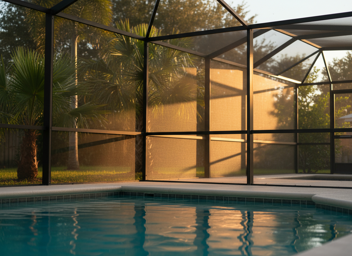 Screen pool enclosure at golden hour in Central Florida
