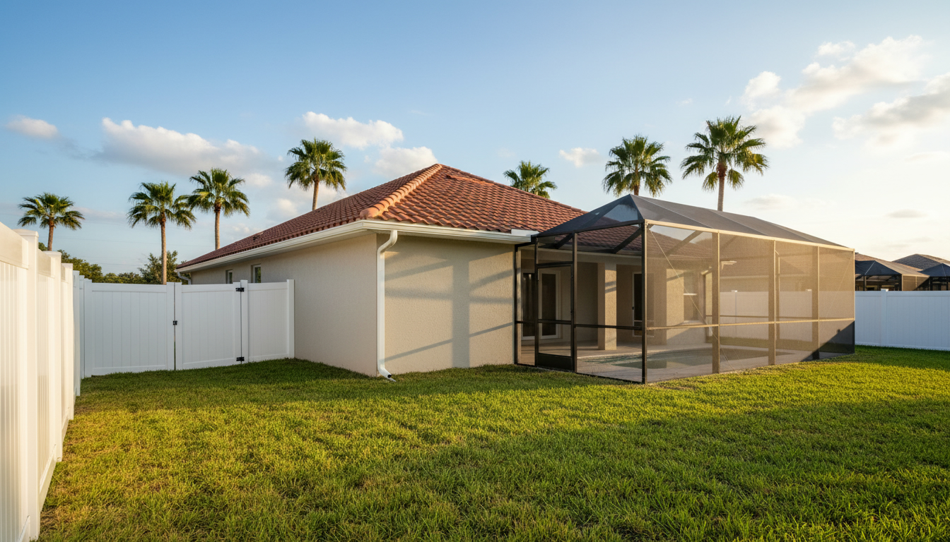 New vinyl fence, seamless gutters and a screen enclosure on a Davenport home