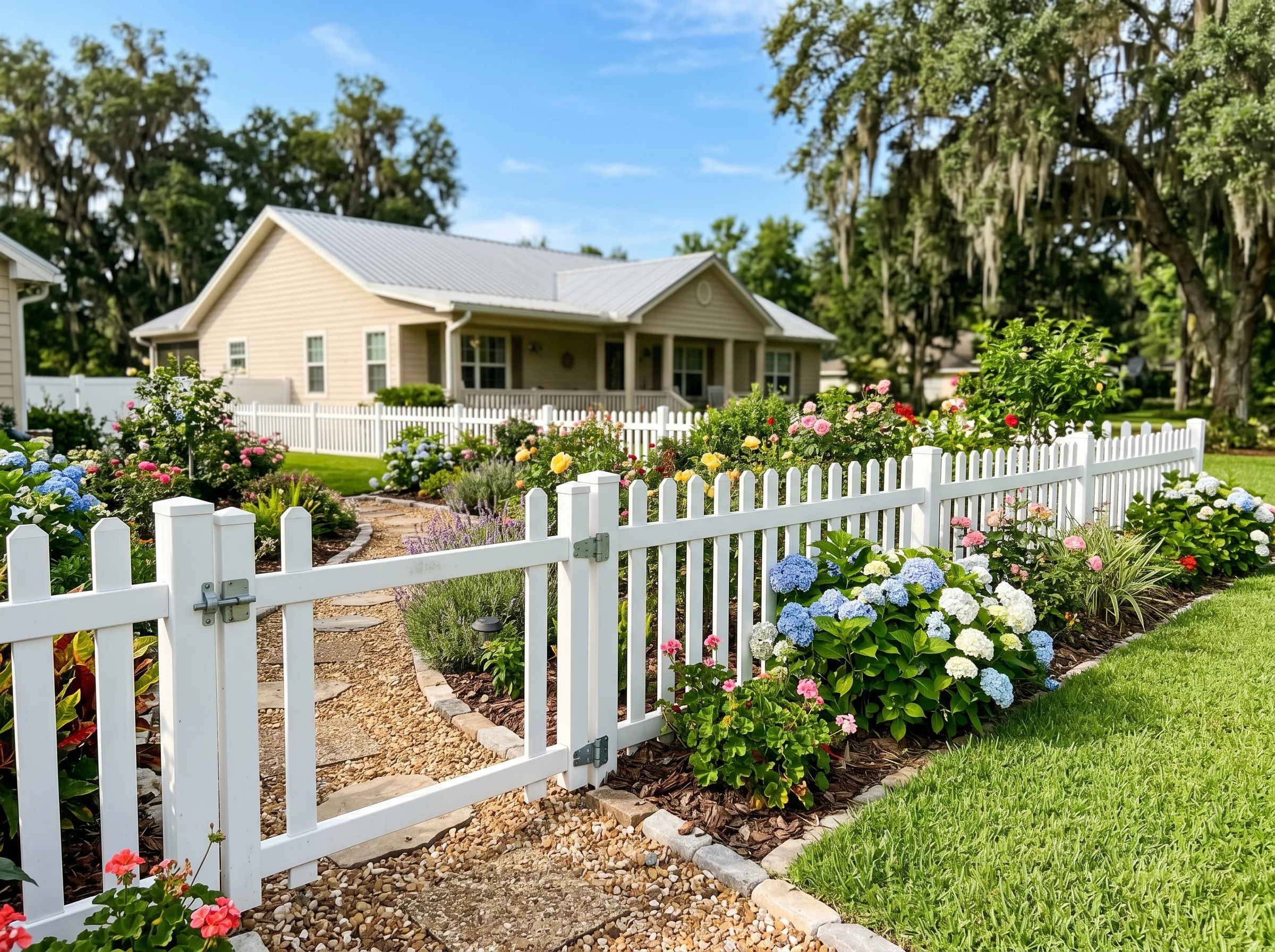 Vinyl picket around a garden in Central Florida