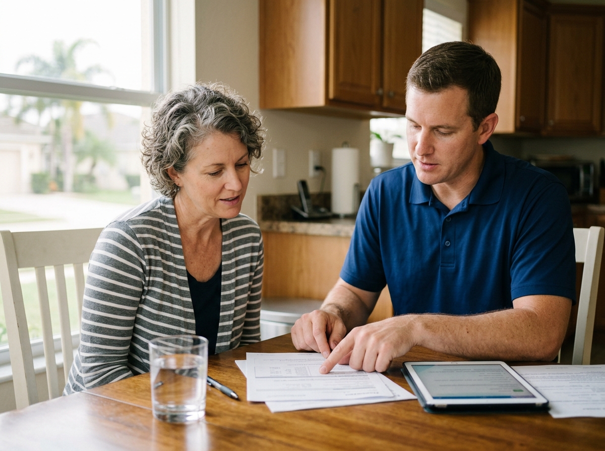 A Crystalline technician walking a homeowner through the paperwork at their kitchen table