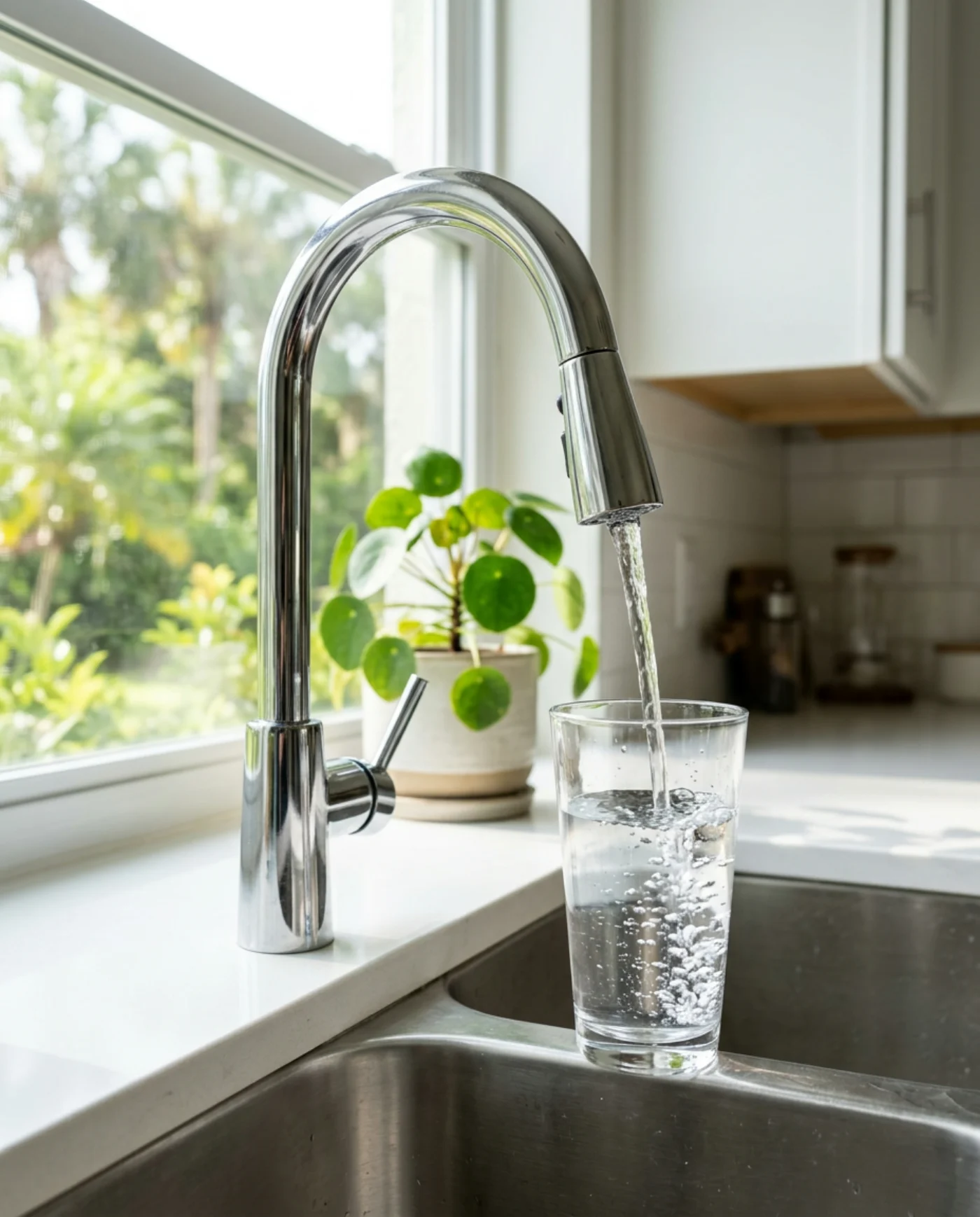Clean filtered water filling a glass at a Central Florida kitchen sink