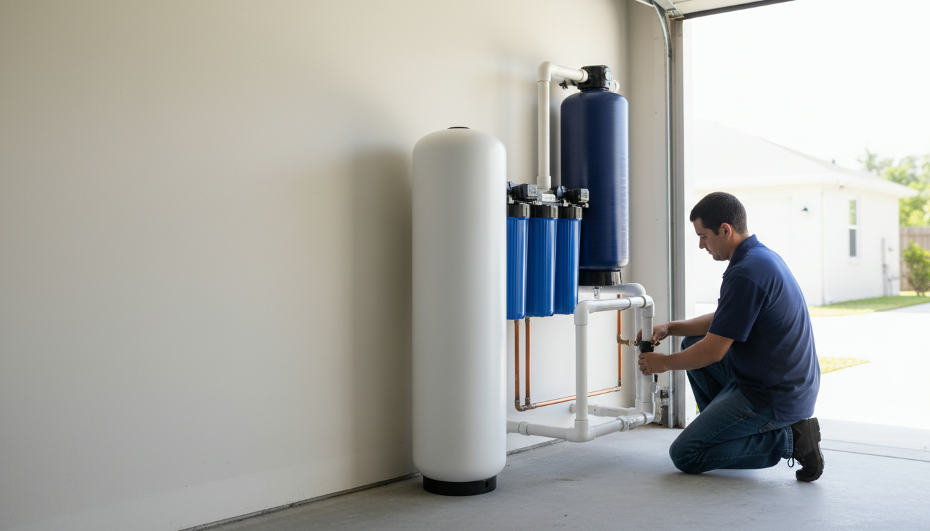 Whole home water filtration installed in a Central Florida garage