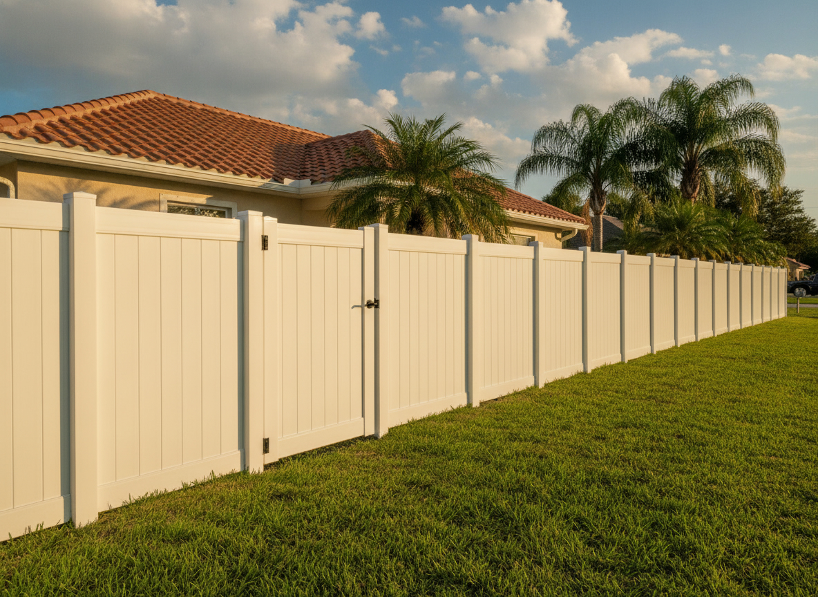 New white vinyl privacy fence with gate on a Central Florida home