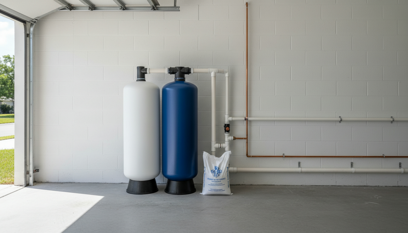Whole home water filtration and softener installed in a Florida garage