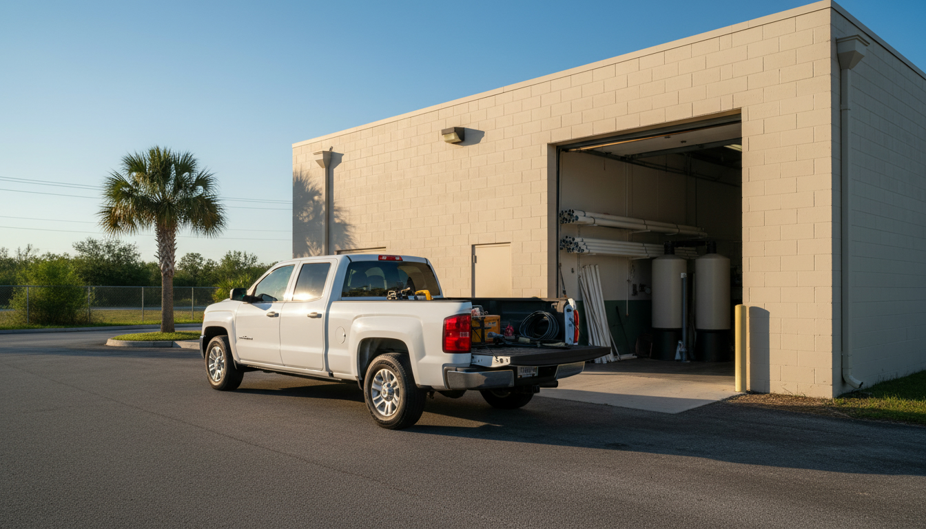 The Crystalline work truck outside the shop on US-27 in Davenport, Florida